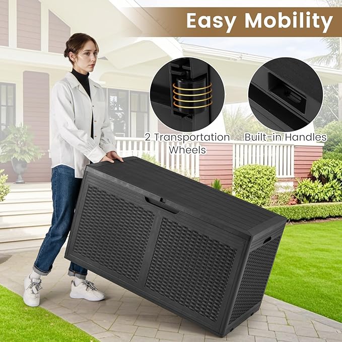 HAPPYGRILL 100 Gallon Resin Deck Box Outdoor Waterproof Storage with Lockable Lid, Rattan Texture Storage Container with Wheels for Pool Accessories, Garden Tool, Patio Furniture Cushion (Black)
