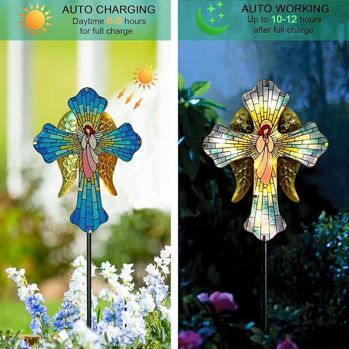 WAIU 33 Inch Solar Cross Garden Light Outdoor Decorative - Solar Acrylic Jesus and Metal Angel Wings Stake Light Waterproof Warm White LED for Remembrance Gifts & Sympathy Gifts.