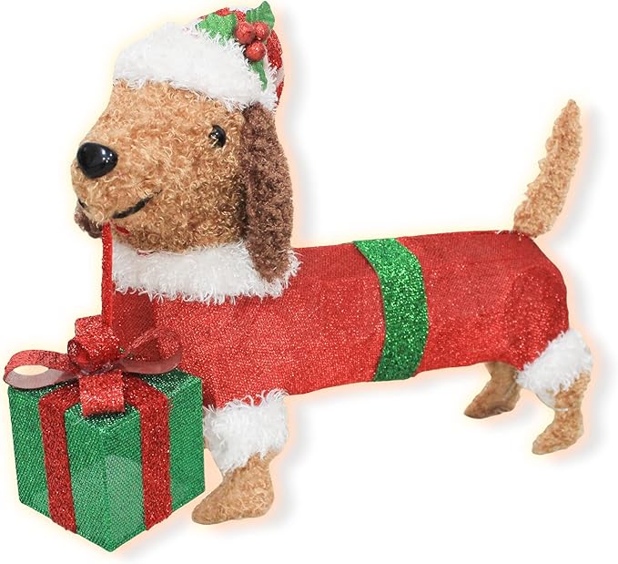 28" Long Christmas Dog Decoration with Lights,Xmas Dachshund with Hat Take a Gift Box, Weiner Dog Lighted up for Indoor Outdood Home Garden Party Yard Porch Under Christmas Tree Holiday Addition