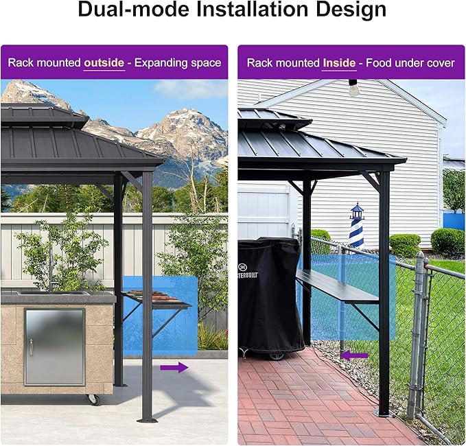 PURPLE LEAF 6.5' X 12' Hardtop Grill Gazebo for Patio Aluminum Barbeque Canopy with 24 Clear Light Bulbs and Shelves Double Tiered Grey Outdoor BBQ Gazebo