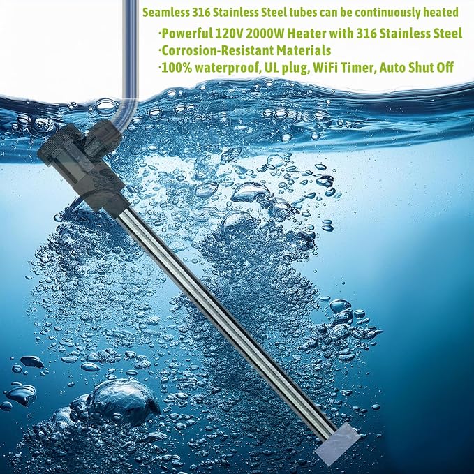 2000W Submersible Immersion Water Heater for Hot Tub & Pool – Portable Electric Heater with Wifi Timer Plug, and Auto Shut Off for Bathtub, Above Ground Pool, Baptism pool, and Baptistry