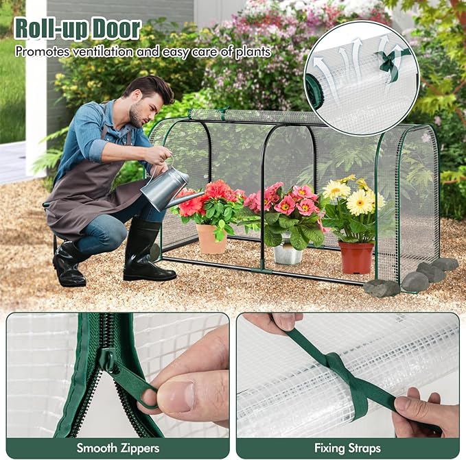 Happygrill Portable Mini Greenhouse, 47" x 22" x 24" Green House w/ Roll-up Zipper Door, Metal Frame, Waterproof Sun-Protective PE Cover, Small Greenhouses for Raised Garden Bed, Outdoor (White)