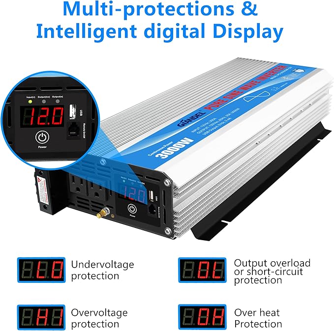 3000Watt Pure Sine Wave Inverter 3000W 12V DC to 110V 120V AC ETL Listed UL458 STD Lithium Battery Compatible with Terminal Block 40Amps and 30FT Wired Remote to Run A/C for RVs Campers,Off Grid Solar
