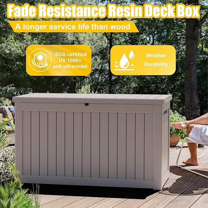ROJIK Outdoor Storage Housing Deck Box,Waterproof Patio Furniture, Garden Tools,Cushions,Pool Accessories Storage Bench with Lockable Lid and Side Handles (Grey,280 Gal)