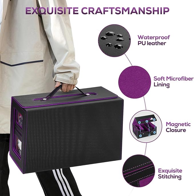 Trading Card Storage Box for MTG, card storage box with Commander Display，Multi-purpose Deck Case for MTG TCG Sports Card, 4 Toploaders, 4 Stoppers, 4 Colorful Dividers (Black & Purple)
