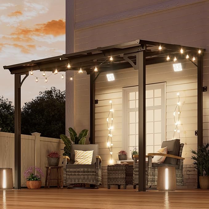 MEISSALIVVE 8' x 8' Wall Mounted Lean to Metal Awnings with Sloped Roof, Outdoor Patio Gazebo Awning for Backyard, Deck, Black