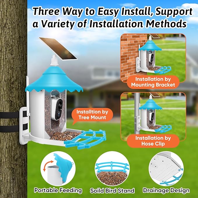 2K HD Smart Bird Feeder Camera with Solar Power, AI Bird Species ID, Auto Video Capture, Instant Notifications, SD&Cloud Storage