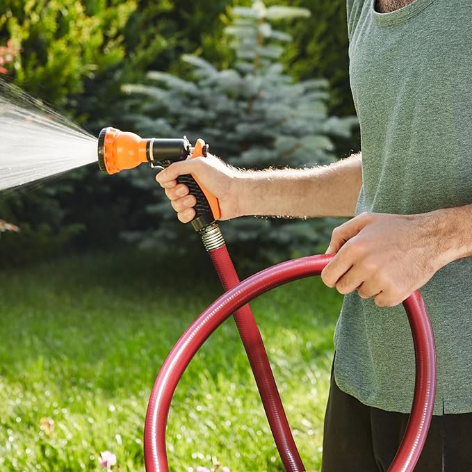 Solution4Patio Homes Lead-in Red Garden Hose 5/8 in. x 25 ft. -Kink Free, No Leaking, Male/Female Fittings -Heavy Duty Durable Flexible Lightweight Water Pipe -Brass Aluminum Ends for Household & Yard