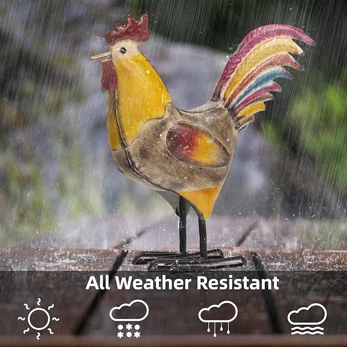 Metal Rooster and Hen Statues Set of 2, Indoor Outdoor Chicken Yard Art Decorations, Farmhouse Kitchen Table Garden Patio Lawn Decor, Gray Yellow Sculptures 12.2x11.5 Inch