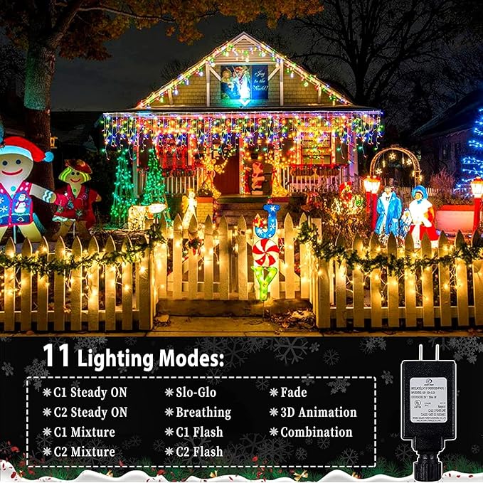 KNONEW Christmas Lights Outdoor Color Changing 400 LED 33ft 11 Modes Curtain Fairy String Light with 75 Drops, Clear Wire LED Lights for Wedding Party Holiday Christmas (Warm White to Multicolor)