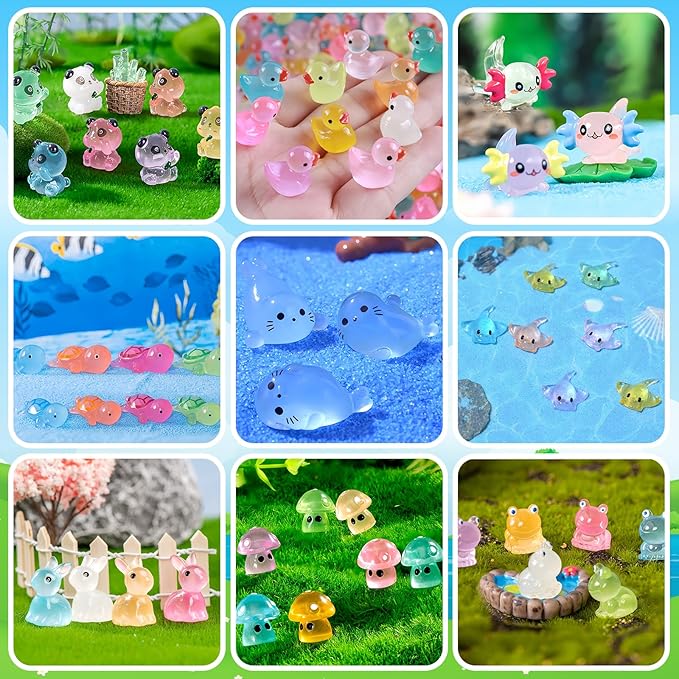 120 Pcs Luminous Mini Resin Animals Glow in The Dark Small Little Tiny Resin Figurines Ducks Axolotls Pandas Garden Miniature Figures for Crafts Micro Landscape Decoration Fairy Garden Accessories