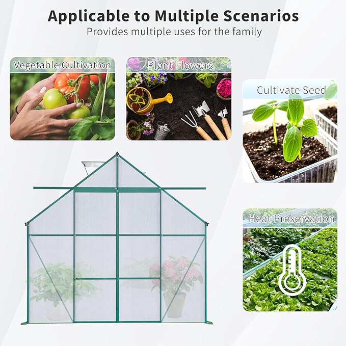 Favfurish 8X8 FT Greenhouses for Outdoors,Polycarbonate Greenhouse, Aluminum Heavy Duty Walk-in Green Houses, Adjustable Roof, Raised Base and Double Sliding Door for Outside Backyard, Green