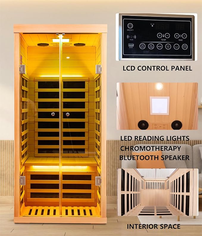 1 Person Infrared Sauna for Home Deluxe Transparent Large Glass Hemlock Wood Low EMF FAR Infrared Sauna, 1420 watts 7 Heating Panels Indoor Personal Saunas with Blue-Tooth, LCD Display