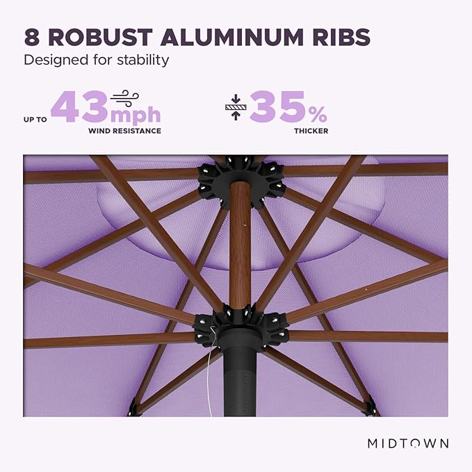 Midtown Umbrellas The Wooden 8 Feet Patio Umbrella With Terylast Midtown Purple Polyester Fabric - Aluminum Frame Market Umbrella For Backyard, Deck, Garden, Pool - Wooden Pole