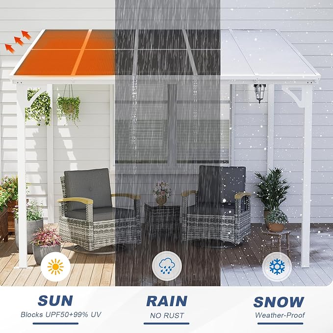 MEISSALIVVE 10' x 10' Wall Mounted Lean to Metal Awning with Sloped Roof, Outdoor Patio Gazebo Awning for Backyard, Deck, White