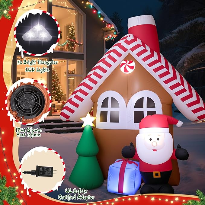 7 FT Christmas Inflatable Candy House with Santa Claus, Tree & Gift Box, Built-in LED Lights, Outdoor Blow Up Yard Decoration for Holiday Lawn Garden Party