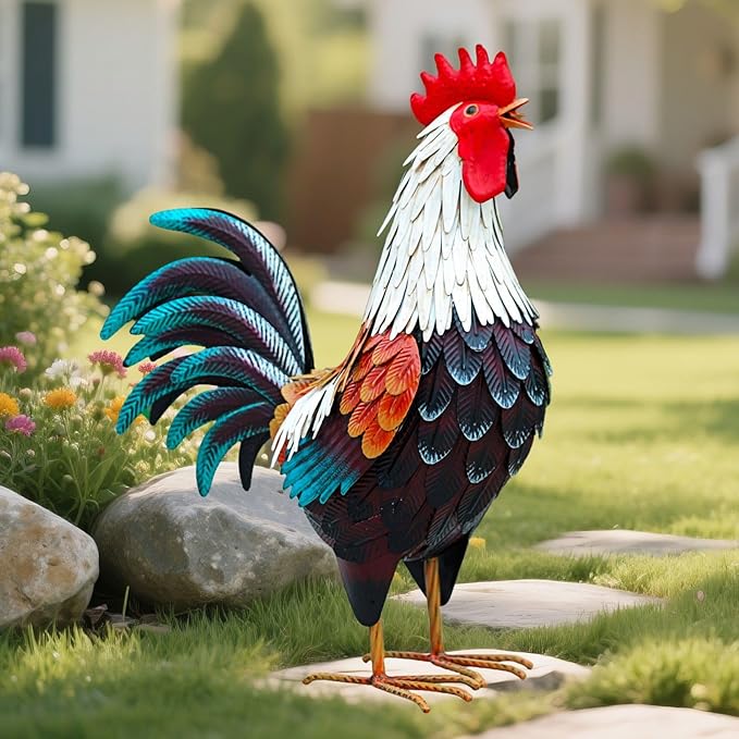Metal Rooster Decor,Yard Chicken Decorations,Outdoor Garden Statues, Metal Chicken Sculpture for Backyard Patio Kitchen Decor & Lawn Ornaments