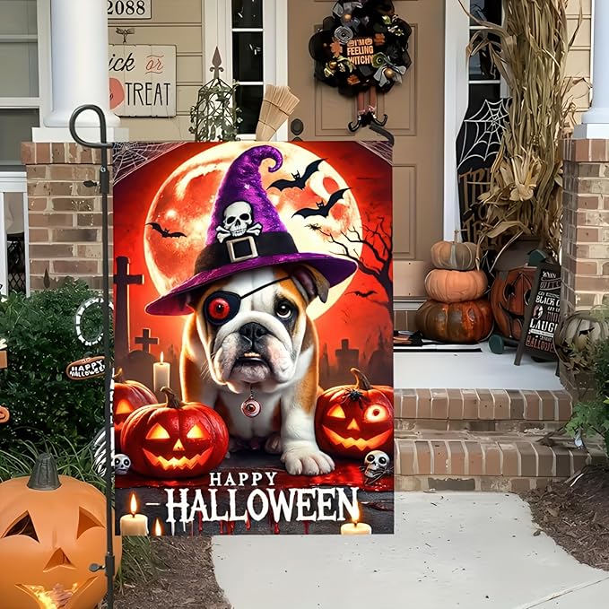 Hello Halloween Garden Flag One-eyed French Bulldog Dog Pumpkins Double Sided Vertical Seasonal Autumn Outdoor Yard Lawn Decorations Banner 12 x 18 Inch English Bulldog Witchy Halloween Flag