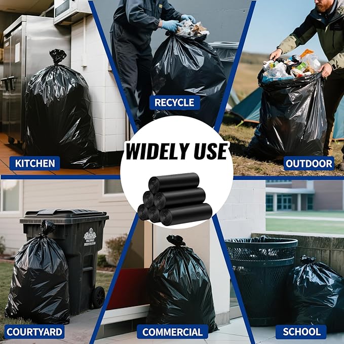 120 Count 55-60 Gallon Trash Bags, Tear-Free Large Black Garbage Bags for Kitchen, Office, Outdoor, Commercial Use, Lawn and Leaf Bags, Lightweight 17 Micron Design for Daily Dry Waste