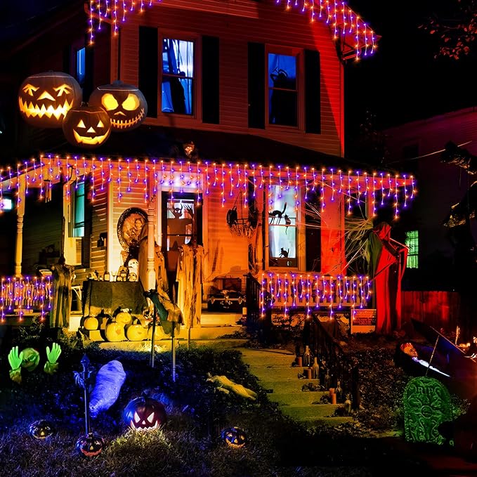 KNONEW 99FT 1216 LED Halloween Lights Decortation Orange Purple String Lights Outdoor with 228 Drops, 8 Lighting Modes, Timer Memory Function Hanging Curtain Lights for Halloween Party Decor
