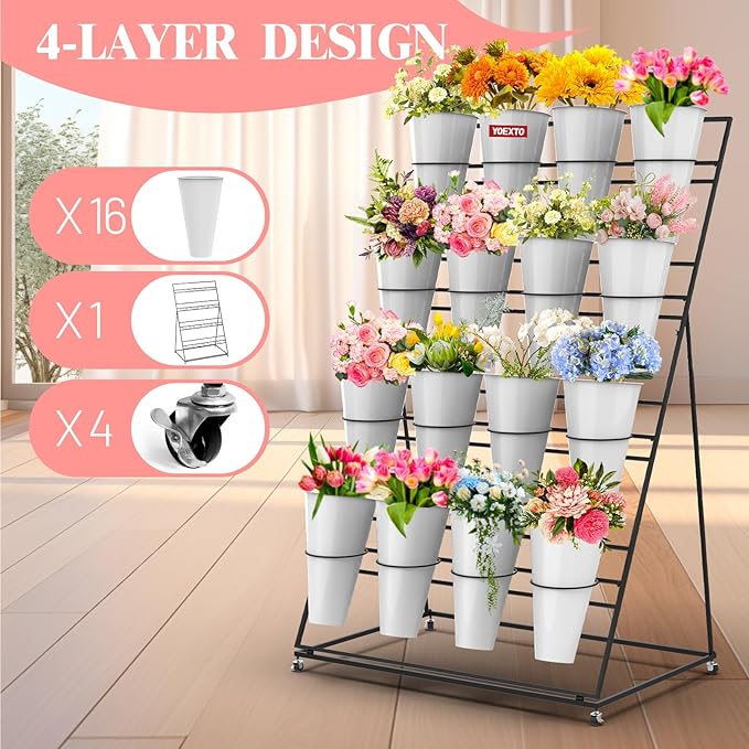 Flower Display Stand with Buckets, 4 Layers 16 PCS Plant Stand with Wheels, Movable Metal Plant Stand for Terrace Garden, Living Room, Florist Shop (Black Frame - White Buckets, 4-Tier)