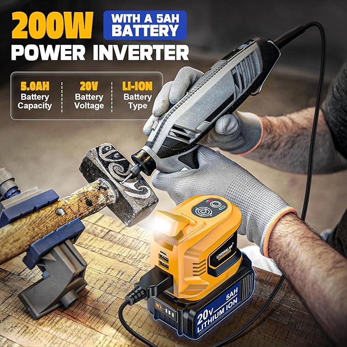 Real 200W Power Inverter Compatible with Dewalt 20V Max, Battery Inverter DC 20V to AC 110V-120V, LIVOWALNY Power Adapter with a 5AH Battery & a Charging Station & 2 USB-A & 1 Type-C & 1 AC Outlet
