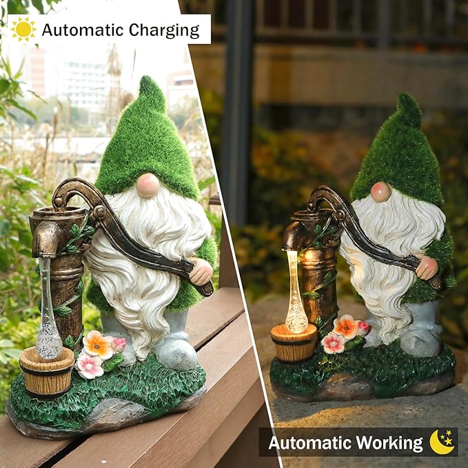 Garden Gnome Statue, Resin Pressurized Well with Water Gnome Figurine with Solar Lights for Porch Patio Yard Outdoor Decor
