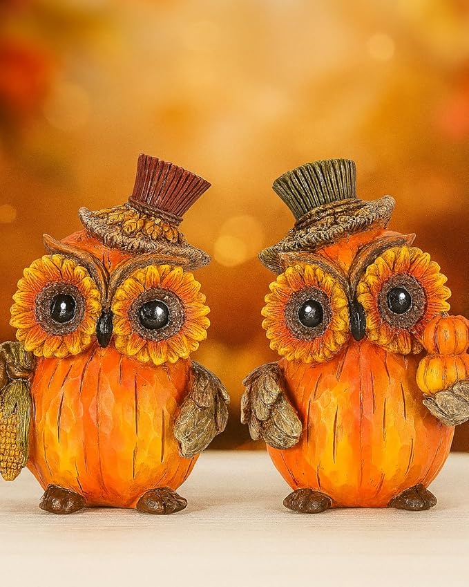 iStatue Set of 2 Thanksgiving Decorations Owl Figurines – Hand-Painted Resin Pumpkin Owls with Sunflower Eyes & Hats, 4.7” Fall Harvest Table Decor for Autumn Centerpiece (Yellow)