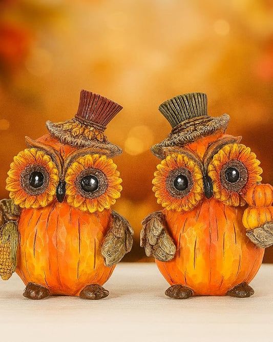 iStatue Set of 2 Thanksgiving Decorations Owl Figurines – Hand-Painted Resin Pumpkin Owls with Sunflower Eyes & Hats, 4.7” Fall Harvest Table Decor for Autumn Centerpiece (Yellow)
