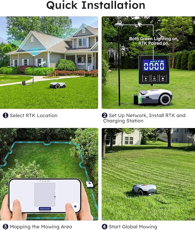 Robot Lawn Mower with Garage - NO Wire Robotic Lawnmower 0.22 Acre, Full Band RTK+4-Eye Vision, Automatic Mapping, 20 Multi-Zone Management, Accurate Obstacle Avoidance, APP Control