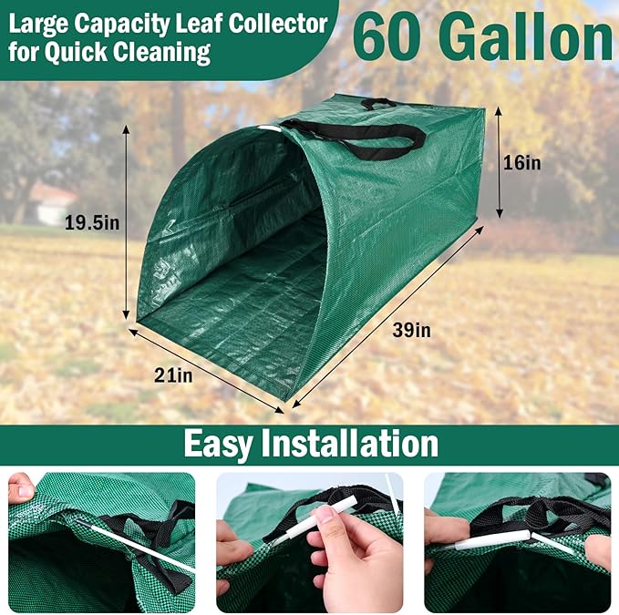 2 Pack 60 Gallon Leaf Collector,Collapsible Lawn & Leaf Bag,Heavy Leaves Pick up Tool Reusable Yard Waste Bags,Large Yard Dustpan Type Garden Bag for Leaves,Debris,Grass,Clippings,Lawn Trash