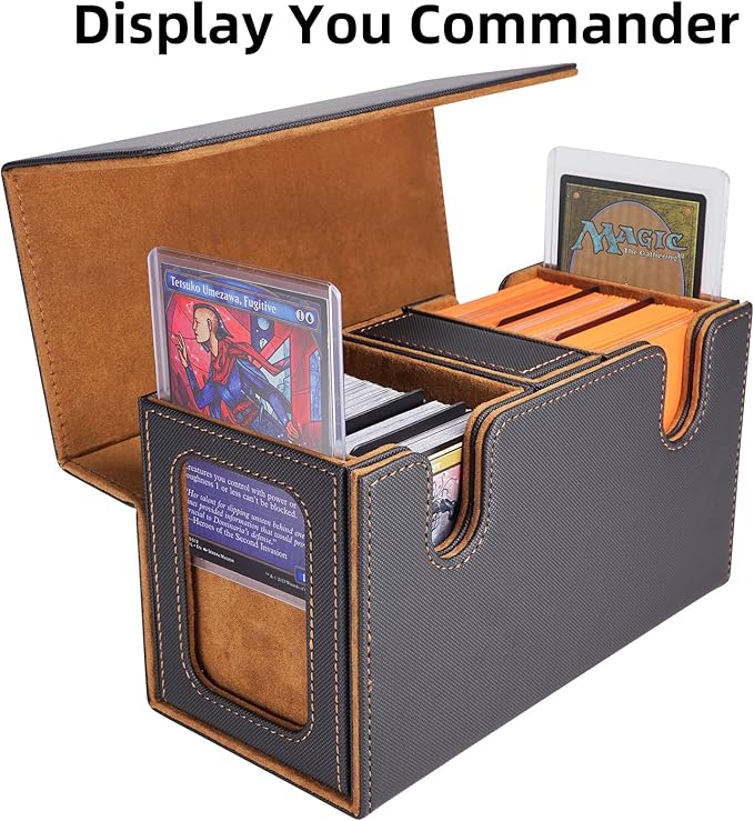 AFIING MTG Commander Deck Box 200 Double Sleeved Cards Storage, 3-in-1 Magnetic Card Case Organizer for Magic: The Gathering TCG CCG, 4 Dividers & 2 Toploaders (Black/Gold)