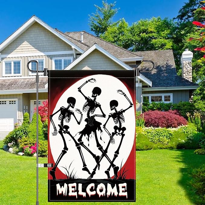 Halloween Skull Welcome Garden Flags 12 x 18 Inch Dancing Skeleton Flag Double Sided Gothic Outdoor House Yard Banner Farmhouse Holiday Outside Decoration Yard Flag
