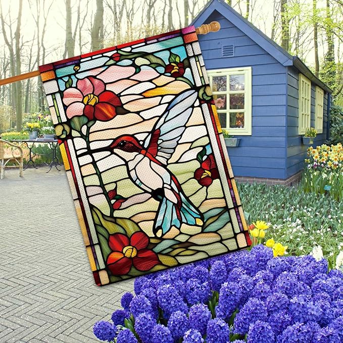 Spring Summer Hummingbird Garden Flag Glass Style Garden Flag Vertical Double Sided Rustic Farmland Burlap Yard Lawn Outdoor Decor 28x40"