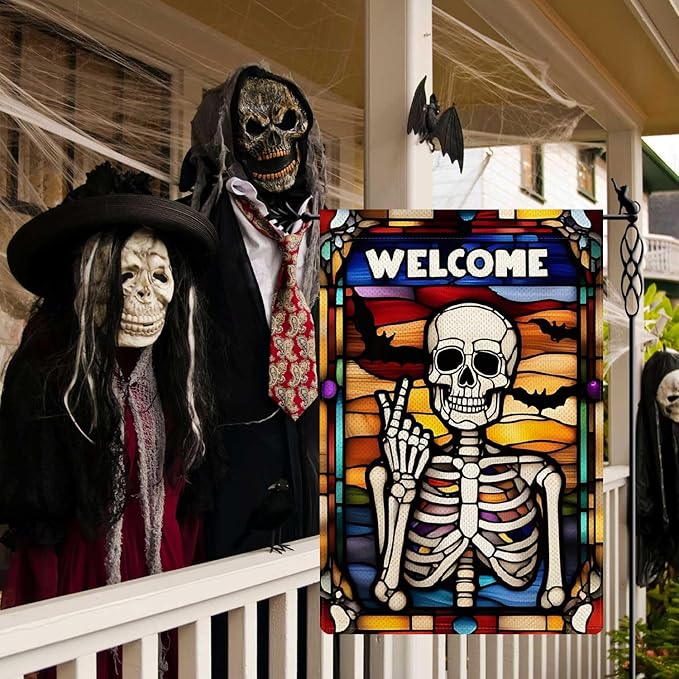 Welcome Skeleton Garden Flag Halloween Stained Glass Style Holiday Garden Flag Vertical Double Sided Rustic Farmland Burlap Yard Lawn Outdoor Decor 12.5x18"