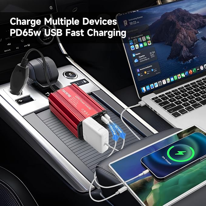 400W Power Inverter, FSATBTNE DC 12V to 110V AC Car Plug Adapter Outlet Converter with [65W PD USB-C] & [18W QC USB-A] Fast Charging Ports and 2 AC Outlets Car Power Inverters for Vehicles