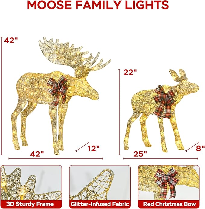 Outdoor Lighted Deer Christmas Decor, Moose & Fawn 2-Piece Set Xmas Holiday Decorations with 170 Warm White LEDs, Champagne Gold Twine, 3D Design, Ground Stakes, for Yards, Garden, Lawn