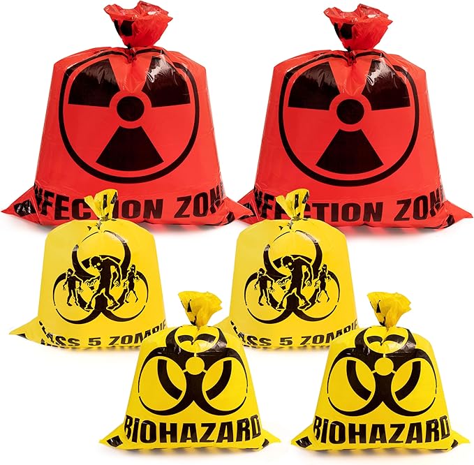 CNhoqc Halloween Lawn Trash Bags - 6Pcs Zombie Warning Reusable Waste Bags with Twist Ties, Fallen Leaf Grass Clipping Trash Container, Heavy-Duty Plastic for Biohazard Parties Outdoor Decorations