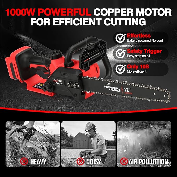 Brushless Electric Chainsaw 12" Cordless Tool Only for Milwaukee M18 18V Battery with Auto Oiler & Security Lock, for Tree Trimming and Branch Wood Cutting (Tool Only) (for Milwaukee 18v Battery)