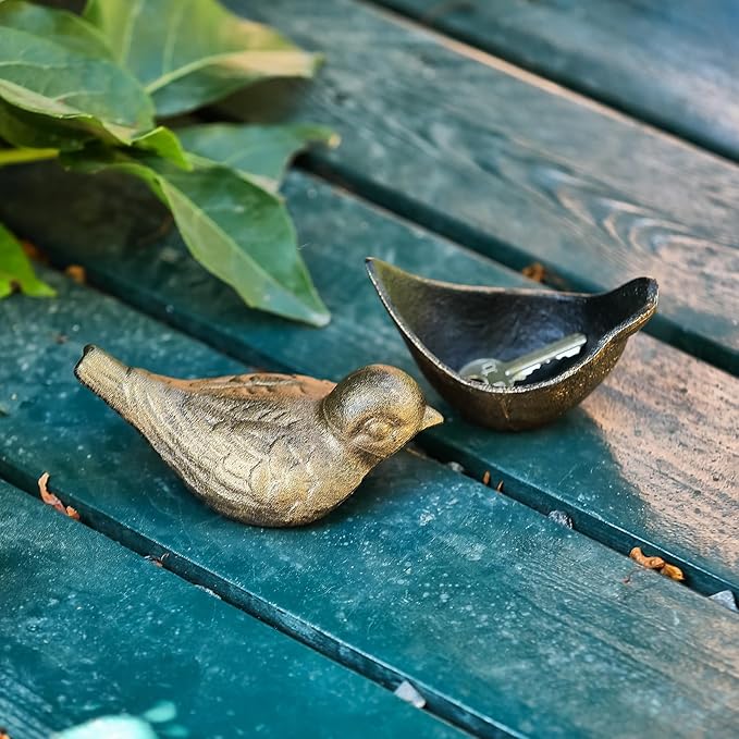 Bird Key Hiders Outside, Cast Iron Outdoor Hidden Keys Holder, Hide a Key Bird Statue, Antique Gold Keys Hider for Indoor Garden Yard Patio Decor