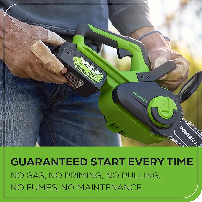 Greenworks 24V 12" Brushless Cordless Compact Chainsaw (Great For Storm Clean-Up, Pruning, and Firewood / 125+ Compatible Tools), 4.0Ah Battery and Charger Included