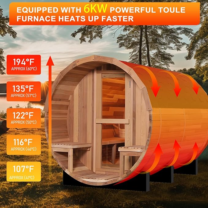 Outdoor Barrel Sauna, 6 Person Wood Steam Sauna Room with Porch, 6kw Toule Electric Heater with Sauna Stone, Canadian Red Ceder, Sauna Accessories, Roof, 94.48”*70.86“*70.86“ (Red Ceder)