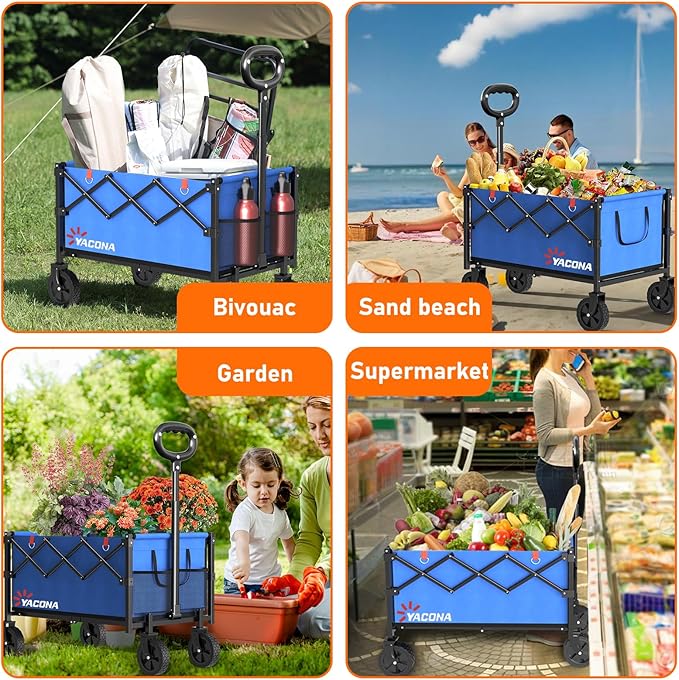 Wagons Carts Foldable, Lightweight Portable Utility Shopping Cart with Wheels, Folding Grocery Wagon Cart for Grocery, Camping, Shopping, Beach, Garden, Sports Blue