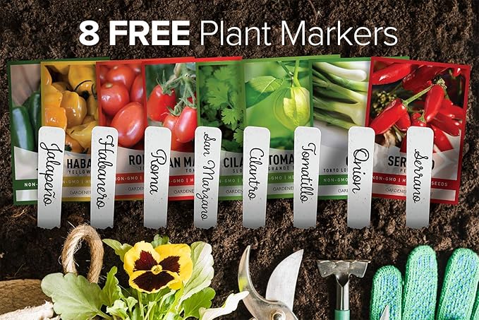 Gardeners Basics, Heirloom Hot Salsa Growing Seed Packets 8 Varieties Habanero, Jalapeno, Serrano Peppers, Roma, San Marzano Tomato, Cilantro, Green Onion, Tomatillo for Garden Non-GMO Heirloom