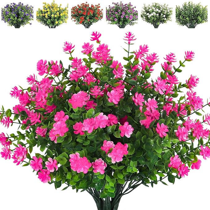 Artificial Flowers Outdoor Artificial Fake Flowers Fake Greenery Fake Plants Faux Outdoor Plastic Plants UV Resistant Shrubs Boxwood Plant Eucalyptus Hanging Basket Home Garden Decor (Pink)