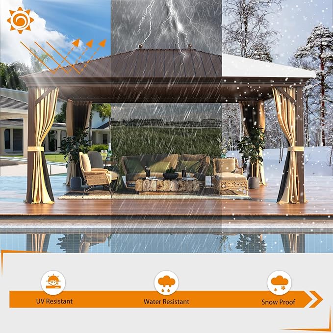 MELLCOM 12'x16' Hardtop Gazebo, Galvanized Steel Metal Double Roof Canopy with Curtains and Netting, Brown Permanent Pavilion Gazebos with Aluminum Frame for Garden, Patio, Lawns, Deck