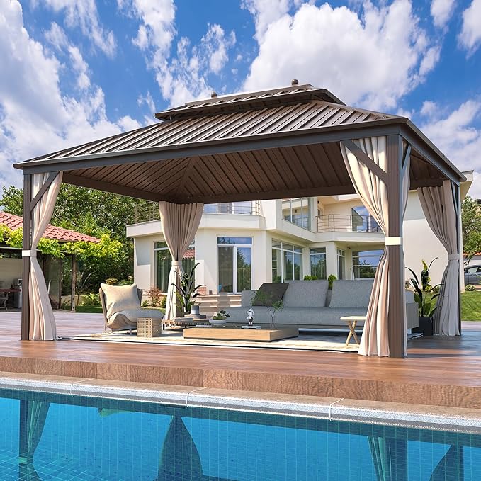 EROMMY 10 x 13FT Hardtop Gazebo with Galvanized Steel Double Roof Canopy,Aluminum Frame Netting and Curtains Included Outdoor Permanent Metal Pavilion for Parties Deck and Lawns