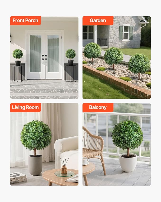 VEVOR Artificial Topiary Boxwood Trees with Ground Spike, 27 inch 2 Set Faux Shrubs & Bushes Potted Plants, Fake Silk Tree Look Real for Decor Front Porch Outdoor Indoor Patio Garden Balcony Backyard