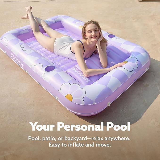 SLOOSH Inflatable Tanning Pool Lounger Float, 70" x 46" Pool Floats Adult with Pillow, 4 in 1 Suntan Tub Raft Floatie,Sunbathing Bed Lounge for Water Blow Up Ball Pit Party Gifts