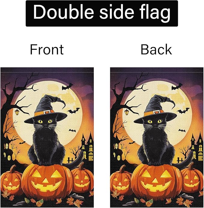Louise Maelys Halloween Garden Flag Black Cat Witch Hat Pumpkin 12x18 Inch Double Sided Boo Moon Holiday Seasonal Fall Autumn Small Burlap Yard Sign Outside Outdoor House Decoration